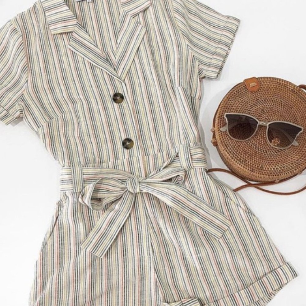 Karlie brand striped romper, size medium, linen and cotton, belt is missing